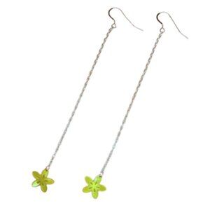 Handmade Long Chain Lime Green Flower Earrings Solid 925 Sterling Silver Hooks